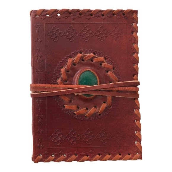 Leather Mahogany Woven Embossed Wrap Green Stone Journal - Picture 2 of 12